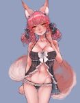  1girl absurdres animal_ear_fluff animal_ears arm_at_side ass_visible_through_thighs black_bow black_panties bow breasts clenched_hand demstouts fate/grand_order fate_(series) fox_ears fox_girl fox_tail frilled_panties frills grey_background groin hair_bow hairband highres looking_at_viewer midriff navel panties pink_hair short_twintails simple_background solo standing tail tamamo_(fate) tamamo_no_mae_(fate/extra) twintails underwear white_bow yellow_eyes 