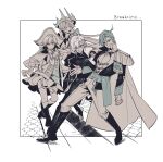  2boys 2girls androgynous bishounen charles_iii_(lord_of_heroes) closed_eyes crown fighting_stance hat highres honey_dogs laphlaes_selkena looking_at_viewer lord_of_heroes lucilicca_la-elaya monochrome multiple_boys multiple_girls pale_skin pirate pirate_hat rosanna_devicci 