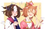  2girls :3 afterimage animal_ears bangs blush clapping closed_eyes crown ear_piercing ears_down flying_sweatdrops horse_ears japanese_clothes kimono meisho_doto_(umamusume) mini_crown motion_lines multicolored_hair multiple_girls nanaheibei_3 open_mouth orange_hair own_hands_together piercing short_hair smile t.m._opera_o_(umamusume) translation_request two-tone_hair umamusume upper_body 