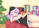  1girl :d ;d bare_shoulders black_panties black_santa_costume blush box breasts cameltoe christmas christmas_ornaments christmas_tree cleft_of_venus clothes_lift collarbone dimension252525 dogoo dress dress_lift english_commentary eyebrows_visible_through_hair food futon gift gift_box hand_on_own_chin happy hat head_rest highres large_breasts lens_flare looking_at_viewer lying neptune_(neptune_series) neptune_(series) on_side one_eye_closed open_box open_mouth panties pink_hair pudding santa_costume santa_hat short_hair smile solo striped striped_panties thighs underwear white_panties yellow_background 