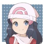  1girl blue_hair chocomiru coat dawn_(pokemon) hair_ornament happy hat long_hair pokemon pokemon_(game) pokemon_dppt pokemon_platinum polka_dot polka_dot_background red_coat scarf smile solo upper_body winter_clothes winter_coat 