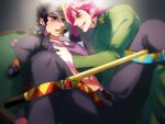  2boys black_hair blue_eyes clothes_lift cue_stick grabbing jojo_no_kimyou_na_bouken kakyoin_noriaki kujo_jotaro less_end licking_lips long_coat male_focus midriff multiple_boys open_fly pectoral_grab pool_table red_hair ribbon scar scar_across_eye shirt_lift spreader_bar stardust_crusaders tongue tongue_out triangle_print yaoi 