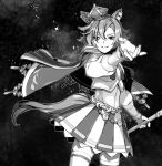  1girl animal_ears bangs cane cape cowboy_shot crown greyscale highres holding holding_cane horse_ears horse_girl horse_tail long_sleeves looking_at_viewer mini_crown monochrome nanaheibei_3 reaching_out shirt short_hair skirt smile solo standing t.m._opera_o_(umamusume) tail thighhighs umamusume 