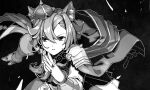  1girl animal_ears armor asymmetrical_bangs bangs cape crown ear_piercing greyscale horse_ears jewelry looking_at_viewer mini_crown monochrome multiple_rings nanaheibei_3 parted_lips piercing ring running shirt short_hair shoulder_armor skirt solo t.m._opera_o_(umamusume) umamusume upper_body v-shaped_eyebrows 