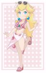  1girl alternate_costume bangs bare_shoulders blonde_hair blue_eyes blush chocomiru earrings flower flower_necklace gem hair_flower hair_ornament hibiscus jewelry lei light_blush mario_(series) necklace polka_dot polka_dot_background princess_peach solo super_mario_odyssey swimsuit white_background 