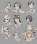  2girls 6+boys androgynous bishounen black_hair blue_eyes braid brown_eyes brown_hair charles_iii_(lord_of_heroes) charlotte_grace crown elf greyscale headshot helga_schmitt krom_ledios laphlaes_selkena long_hair looking_at_viewer looking_to_the_side lord_of_heroes lucilicca_la-elaya machamyo monochrome monocle multiple_boys multiple_girls nine_(lord_of_heroes) pale_skin pink_eyes pointy_ears scar scar_on_face walther_bernhard zaira_(lord_of_heroes) 