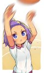  1girl arms_up ball bangs_pinned_back blue_eyes blush dohna_dohna_issho_ni_warui_koto_o_shiyou forehead gym_shirt gym_uniform highres mob_(dohna_dohna) motion_blur naga_u open_mouth purple_hair purple_shorts revision shirt short_sleeves shorts solo sweat throwing v-shaped_eyebrows white_shirt 