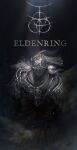  1other ambiguous_gender armor black_background brown_background copyright_name elden_ring facing_viewer full_armor grey_hair helm helmet light long_hair mrpk signature tarnished_(elden_ring) upper_body 