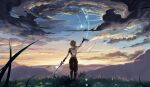  1boy absurdres aether_(genshin_impact) armor blonde_hair cloud colorful dandelion fantasy flower genshin_impact highres inga2ooo long_hair mountain mountainous_horizon orange_sky outdoors scenery sky solo sunset sword weapon 