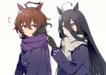  2girls :o ^^^ agnes_tachyon_(umamusume) ahoge animal_ears bangs black_gloves black_hair brown_hair cat coat dot_nose earrings gloves hair_between_eyes hand_up hekino_(aoruri) horse_ears jewelry long_hair long_sleeves manhattan_cafe_(umamusume) multicolored_hair multiple_girls orange_hair parted_lips purple_coat scarf short_hair single_earring streaked_hair umamusume upper_body v-shaped_eyebrows yellow_eyes 