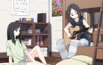  2girls acoustic_guitar bed bookshelf bromide bunk_bed guitar indoors instrument looking_at_another looking_at_object multiple_girls music original playing_instrument shiroshi_(denpa_eshidan) wooden_floor 