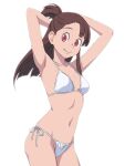  1girl armpits arms_behind_head arms_up asymmetrical_bangs bangs bikini blunt_bangs blunt_ends breasts brown_hair cleavage closed_mouth collarbone cowboy_shot eyebrows_visible_through_hair floating_hair groin halterneck kagari_atsuko little_witch_academia long_hair looking_at_viewer navel red_eyes satochi side-tie_bikini simple_background small_breasts smile solo standing swimsuit tan topknot white_background white_bikini 
