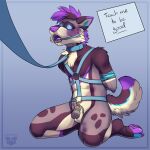  2018 anthro arms_tied balls bdsm blue_background bodily_fluids bondage bound canid canine canis chastity_cage chastity_device collar colored cum domestic_dog fur gag gagged genital_fluids genitals harness hi_res husky hypnosis hypnotic_eyes kizma kneeling leash male mammal mind_control multicolored_body multicolored_fur nordic_sled_dog open_mouth paws raised_tail redfeatherstorm rope shaded simple_background solo spitz teeth text tongue watermark 