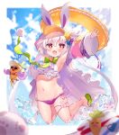  +_+ 1girl :d animal_ears armpits arms_up bikini blush commentary_request flower_knight_girl highres innertube jumping long_hair long_sleeves looking_at_viewer navel piyoyanagi pom_pom_(clothes) purple_bikini rabbit_ears red_eyes sandals signature silver_hair sky smile solo swimsuit twintails twitter_username usagigoke_(flower_knight_girl) visor_cap water 