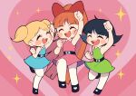  3girls black_hair blonde_hair blossom_(ppg) bow bubbles_(ppg) buttercup_(ppg) cartoon_network child commentary_request dress heart long_hair miyata_(lhr) multiple_girls open_mouth powerpuff_girls smile teeth twintails very_long_hair white_legwear 