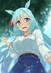  1girl absurdres animal_ears asymmetrical_bangs bangs belt blue_eyes blue_skirt blurry blurry_background blush bracelet breasts buttons floral_print highres horse_ears inuyabu_cc jewelry large_breasts long_hair long_sleeves looking_at_viewer looking_down mejiro_ardan_(umamusume) open_mouth pendant purple_eyes raised_eyebrows shirt shirt_tucked_in skirt solo sweat umamusume upper_body wavy_mouth white_legwear white_shirt 