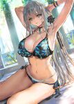  1girl armpits arms_behind_head arms_up bangs bare_shoulders bikini black_bikini blue_bikini breasts cleavage collarbone green_eyes highres large_breasts long_hair looking_at_viewer navel original ran&#039;ou_(tamago_no_kimi) silver_hair solo swimsuit thighs 