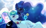  2022 alcohol beverage bodily_fluids chest_tuft container cup cutie_mark drinking drinking_glass drinking_straw duo equid equine eyelashes eyes_closed eyewear female feral friendship_is_magic fur glass glass_container glass_cup hair hi_res horn long_hair mammal multicolored_hair my_little_pony princess_celestia_(mlp) princess_luna_(mlp) reclining sibling sister sisters sunglasses sweat sweatdrop tuft walliscolours winged_unicorn wings 