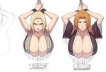  armpits bleach blonde_hair breasts chain cleavage facial_mark forehead_mark glaring hanging_breasts highres huge_breasts iwao178 japanese_clothes jewelry looking_at_viewer matsumoto_rangiku mole mole_under_mouth naruto naruto_(series) necklace orange_hair restrained scowl shiny shiny_skin through_wall tsunade_(naruto) 