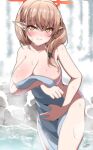  1girl bangs blue_archive blush breasts chinatsu_(blue_archive) cleavage commentary_request eyebrows_visible_through_hair hair_between_eyes large_breasts light_brown_hair long_hair looking_at_viewer low_ponytail naked_towel onsen orange_eyes outdoors pointy_ears ponytail rock sayossa_(pak-front) signature smile snow snowing solo steam towel water 