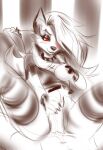  2021 anthro blush breasts canid canid_demon clothed clothing collar demon duo eyeshadow female female_focus fur genitals hair hellhound helluva_boss long_hair loona_(helluva_boss) makeup male male/female mammal penis penis_grab red_sclera sketch solo_focus spiked_collar spikes vixvixart 