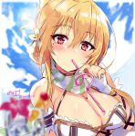  1girl blonde_hair blue_sky blurry blurry_foreground blush breasts cleavage cloud cloudy_sky commentary_request crazy_straw day drinking_straw drinking_straw_in_mouth eyebrows_visible_through_hair fingerless_gloves flower flower_knight_girl gloves hair_between_eyes hair_flower hair_ornament highres kuchinashi_(flower_knight_girl) large_breasts looking_at_viewer mole mole_under_eye piyoyanagi red_eyes sky solo white_gloves 