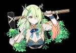  1girl antlers bald braid branch brooch bush ceres_fauna dress earrings flower getting_over_it green_hair hair_flower hair_ornament hair_over_one_eye hammer highres hololive hololive_english jewelry kkamanggwi leaf mole mole_under_eye ribbon sledgehammer solo virtual_youtuber yellow_eyes 