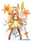  1girl 2015 ahoge blonde_hair blush brown_legwear commentary_request dress flower flower_knight_girl full_body hair_ornament hairband highres holding holding_polearm holding_weapon long_hair long_sleeves official_art orange_dress pantyhose piyoyanagi polearm purple_eyes simple_background smile solo spear standing striped striped_legwear sukashiyuri_(flower_knight_girl) tachi-e w weapon white_background 