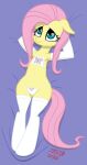  2018 blue_eyes bra clothing ears_down equid equine eyelashes female fluttershy_(mlp) friendship_is_magic hair hands_behind_head hasbro legwear lying mammal my_little_pony panties pegasus pink_hair pink_tail pivoted_ears semi-anthro shy signature solo stockings syscod thick_thighs underwear wide_hips wings 