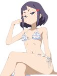  1girl arm_support armpits asymmetrical_bangs avery_(little_witch_academia) bangs bare_shoulders bikini blunt_bangs breasts closed_mouth collarbone crossed_legs expressionless feet_out_of_frame frilled_bikini frills hair_ornament hairclip halterneck hand_on_own_face hand_up little_witch_academia looking_at_viewer medium_hair navel no_pupils purple_eyes purple_hair satochi short_bangs short_eyebrows side-tie_bikini sidelocks simple_background sitting small_breasts solo swimsuit white_background white_bikini 