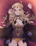  1boy absurdres ahoge ass_visible_through_thighs asymmetrical_bangs bangs bed blonde_hair blush bodystocking breasts bridal_gauntlets cape commission commissioner_upload covered_navel disembodied_limb fire_emblem fire_emblem_fates fire_emblem_heroes gloves grey_eyes highres kiran_(fire_emblem) lying male_hand medium_breasts midriff non-web_source on_back open_mouth ophelia_(fire_emblem) panties pov ritence turtleneck underwear yellow_panties 