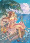 1girl animal_ears anklet arknights bare_shoulders barefoot beach bikini blue_sky blush breasts brown_hair chinese_commentary closed_mouth cloud cloudy_sky crazy_straw cup dress drink drinking_straw expressionless eyjafjalla_(arknights) eyjafjalla_(summer_flowers)_(arknights) fish floating_hair flower frilled_bikini frills full_body hair_bun hair_flower hair_ornament hair_rings hand_in_hair highres horns infection_monitor_(arknights) innertube jewelry light_rays long_hair looking_at_viewer medium_breasts ocean official_alternate_costume palm_tree pier pink_bikini pink_dress pink_eyes plaid plaid_bikini sheep_ears sheep_horns side_bun sitting sky soaking_feet solo suqing swimsuit thigh_strap tree twintails 