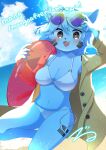  2021 :3 :d anthro bangs beach belly_tuft bikini biped black_nose blue_body blue_fur blue_hair blue_inner_ear_fluff blue_sky blush breasts cheek_tuft cleavage clothed clothing cloud coat cute_fangs day digital_media_(artwork) domestic_cat eyewear_on_head facial_tuft felid feline felis female fur grey_eyes hair hi_res inflatable inner_ear_fluff inner_tube kemono kuro_kemo28 light light_beam long_sleeves looking_at_viewer mammal monotone_body monotone_fur monotone_hair navel_tuft open_clothing open_coat open_mouth open_topwear outside pink_tongue pupils raised_leg sea seaside short_hair sky smile solo swimwear tongue topwear trenchcoat tuft water white_bikini white_clothing white_pupils white_swimwear 