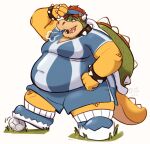  4_fingers accessory anthro ball bearafterall belly big_belly bottomwear bowser bracelet claws clothing collar eyebrows fingers football_(ball) football_player football_uniform footwear hair headband hi_res horn jewelry koopa logo love_handles male mario_bros nintendo overweight overweight_anthro overweight_male scalie shell shoes shorts sigh simple_background socks solo spiked_bracelet spiked_collar spiked_shell spikes spikes_(anatomy) super_mario_strikers video_games white_background 