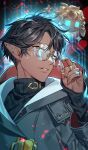  1boy al_rashad al_rashad_(fire) black_hair brown_eyes collared_shirt dark-skinned_male dark_skin gem glasses hacking jewelry looking_to_the_side lord_of_heroes pointy_ears ring shirt sixa 