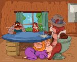  anthro breasts butt chip_&#039;n_dale_rescue_rangers chip_(disney) chipmunk clothing dale_(disney) dialogue disney fellatio female furniture gadget_hackwrench ground_squirrel group hat headgear headwear hi_res male male/female mammal monterey_jack_(cdrr) mouse murid murine oral penile rodent sciurid sex stealth_sex table text under_table vylfgor window 