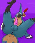  anthro anus avian balls breath_of_the_wild genitals hi_res kass_(tloz) lying male nintendo on_back penis presenting purple_background rito simple_background solo tapering_penis the_legend_of_zelda video_games vulnec 