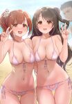  1boy 2girls areola_slip areolae bangs bikini black_hair breasts brown_eyes brown_hair cleavage collarbone commentary_request cowboy_shot eyebrows_visible_through_hair hand_up highres idolmaster idolmaster_cinderella_girls igarashi_kyoko large_breasts looking_at_viewer mk_(mod0) multiple_girls navel open_mouth pink_bikini shimamura_uzuki side_ponytail smile swimsuit v 