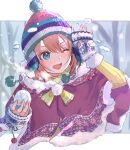  1girl ;d aibon beanie blush breath capelet fur-trimmed_capelet fur_trim go-toubun_no_hanayome hat highres holding long_sleeves multicolored_clothes multicolored_headwear nakano_yotsuba one_eye_closed open_mouth orange_hair outdoors pom_pom_(clothes) red_capelet short_hair smile snowball solo sweater upper_body v-shaped_eyebrows winter_clothes yellow_sweater 