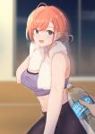  1girl 1other :d ahoge arisugawa_natsuha blurry blurry_background blush depth_of_field earrings hair_bun hands highres idolmaster idolmaster_shiny_colors indoors jewelry looking_at_viewer looking_to_the_side midriff navel orange_hair pants pocari_sweat smile sports_bra stud_earrings sweatdrop towel towel_around_neck yoga_pants yui081 