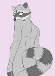  anthro balls biped black_nose blue_eyes bucklebunny cheek_tuft facial_tuft fur genitals grey_body grey_fur grey_head_tuft grey_inner_ear grey_stripes head_tuft hi_res looking_back male mammal markings neck_tuft pink_background procyonid raccoon rear_view simple_background smile solo striped_markings striped_tail stripes tail_markings tuft 