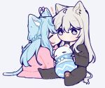  ! 2girls ahoge animal_ears bangs black_nails black_pajamas blue_hair blush braid cat_ears cat_girl cat_tail chibi closed_eyes commentary daifuku_(yukihana_lamy) fingernails forever9nine full_body grey_background grey_eyes grey_hair heart_ahoge hololive kiss kissing_cheek lion_ears lion_girl lion_tail multiple_girls no_mouth pajamas paw_print_soles pink_pajamas sharp_fingernails shishiro_botan simple_background sitting symbol-only_commentary tail virtual_youtuber yukihana_lamy yuri 