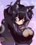  1990s_(style) 1girl animal_ears arms_behind_head black_hair breasts cleavage commission fishnet_fabric fishnets fox_ears fox_girl fox_tail gothic indie_virtual_youtuber kuroina_(osiimi) large_breasts miss_minu purple_theme retro_artstyle shiny shiny_hair signature tail teeth virtual_youtuber 