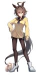  1girl absurdres agnes_tachyon_(umamusume) ahoge animal_ears arm_at_side artist_name bangs biting_hair black_necktie black_shirt boots breasts brown_hair brown_legwear clenched_hand closed_mouth collared_shirt earrings full_body guinea_pig hair_intakes hand_on_hip high_heel_boots high_heels highres horse_ears horse_girl horse_tail jewelry long_sleeves looking_at_viewer mazac medium_breasts medium_hair necktie red_eyes shirt short_necktie simple_background single_earring solo standing sweater tail thighhighs umamusume white_background white_footwear yellow_sweater 