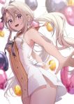  1girl armpits balloon beret blonde_hair blue_eyes blush breasts chigusa_minori commentary_request dress eyebrows_visible_through_hair hat highres looking_at_viewer medium_breasts open_mouth original outstretched_arms ribbon short_dress smile thighs twintails white_dress 