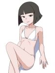  1girl arm_support armpit_crease bangs bare_shoulders bikini black_eyes black_hair blunt_bangs blunt_ends breasts closed_mouth collarbone eyebrows_visible_through_hair feet_out_of_frame leg_up little_witch_academia looking_at_viewer navel satochi shao-yi short_hair simple_background sitting small_breasts smile solo swimsuit tsurime white_background white_bikini 