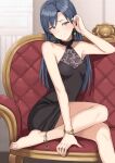  1girl anklet bangs bare_arms bare_shoulders barefoot black_dress blue_hair blurry blurry_background bracelet breasts closed_mouth collarbone commentary_request couch dress earrings eyebrows_visible_through_hair fingernails floral_print foot_out_of_frame halter_dress halterneck hand_up head_tilt highres idolmaster idolmaster_(classic) indoors jewelry kisaragi_chihaya leg_up light_blush long_hair looking_at_viewer on_couch parted_bangs print_dress rose_print sitting sleeveless sleeveless_dress small_breasts smile solo toenails tsurui yellow_eyes 