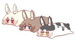  3girls animal_ear_fluff animal_ears bangs black_hair blonde_hair blue_eyes brown_hair eyebrows_visible_through_hair hair_between_eyes highres jitome kemomimi-chan_(naga_u) light_blush lying multicolored_hair multiple_girls naga_u no_mouth on_stomach original rabbit_ears rabbit_girl rabbit_tail red_eyes revision sidelocks simple_background sploot tail variations white_background white_hair yellow_eyes 