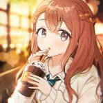 1girl absurdres aqua_necktie bangs blurry blurry_background blush_stickers braid brown_hair brown_theme cardigan chromatic_aberration cup disposable_cup dot_nose drink drinking_straw expressionless eyebrows_visible_through_hair eyelashes facing_viewer fingernails french_braid glint grey_eyes hanasato_minori highres holding holding_cup lens_flare light_blush light_particles long_hair necktie parted_lips pjmiyo project_sekai sailor_collar shiny shiny_hair sideways_glance solo striped striped_necktie swept_bangs syrup triple_horizontal_stripe wavy_hair white_sailor_collar yellow_cardigan yellow_theme 