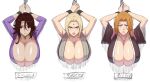  3girls armpits bangs bleach blonde_hair breasts brown_hair chain cleavage facial_mark forehead_mark glaring gundam gundam_00 hanging_breasts highres huge_breasts iwao178 japanese_clothes jewelry long_hair looking_at_viewer matsumoto_rangiku mature_female mole mole_under_mouth multiple_girls naruto naruto_(series) necklace orange_hair restrained scowl shiny shiny_skin sumeragi_lee_noriega through_wall tsunade_(naruto) 